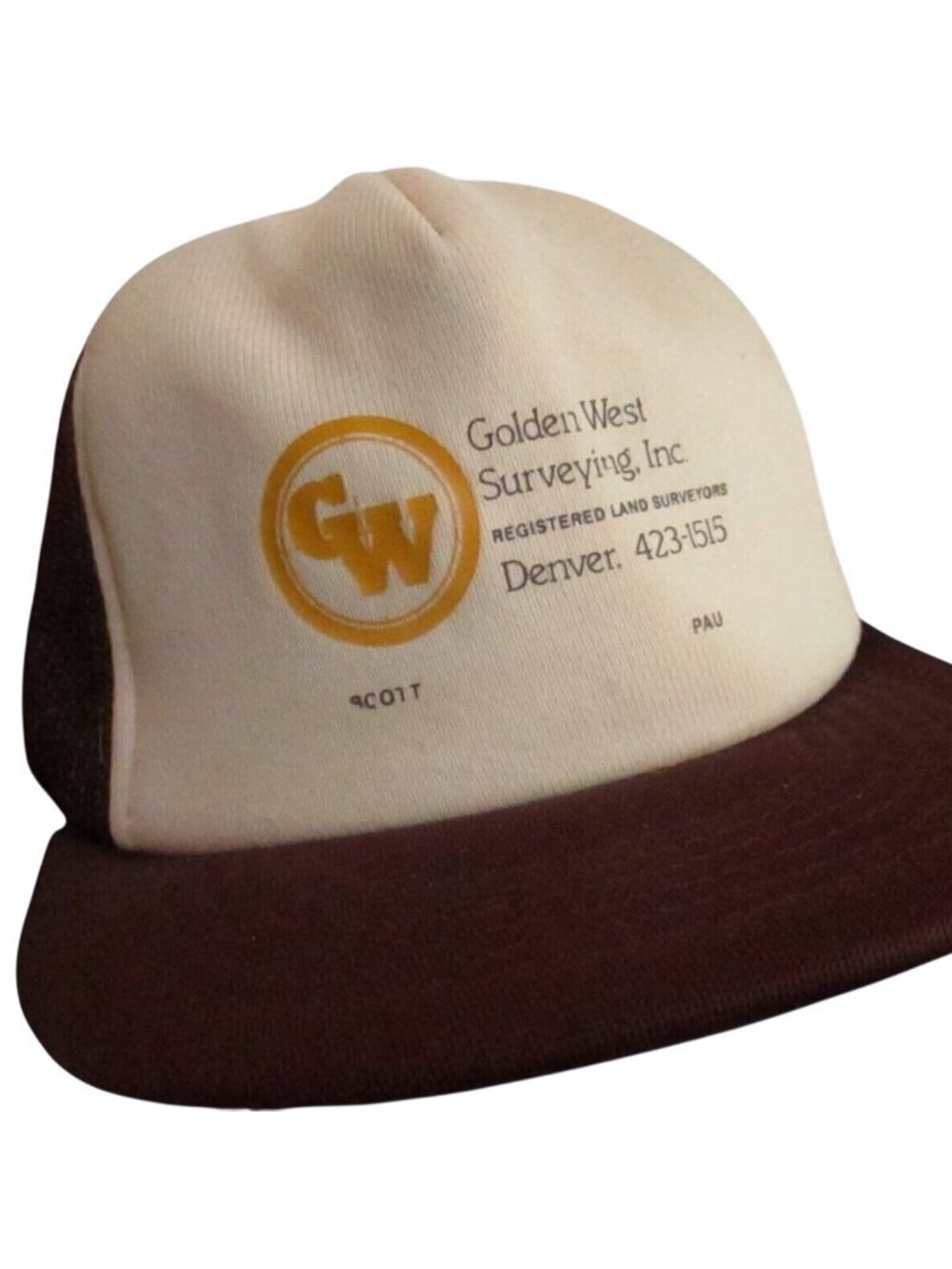 Mesh trucker Skater Cap  True Vtg 80s DENVER COLORADO SURVEYING Brown/beige OSFA